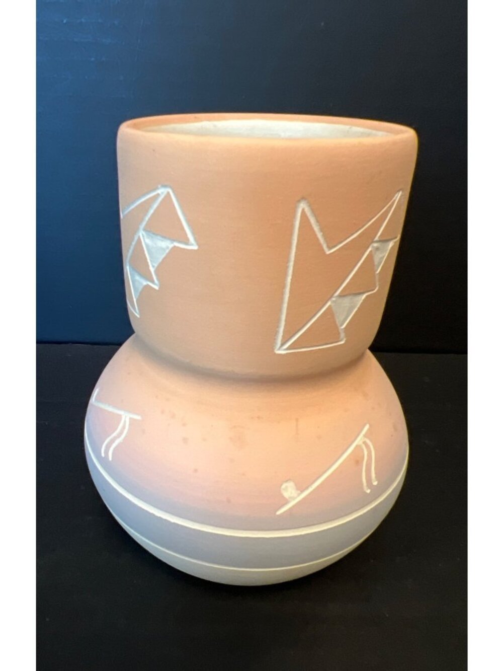 Handcrafted Native American Pottery Vase With Geometric Engraving Signed
